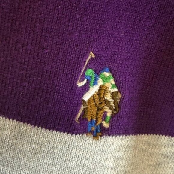 US Polo Assn Women’s  Knit V Neck Sweater Gray Purple /White Striped Preppy M - Picture 7 of 9